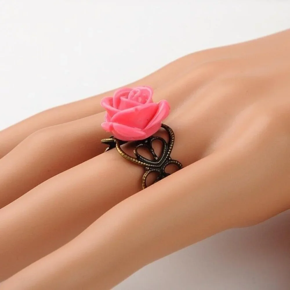 Lacy Bronze Victorian Style Pink Rose Flower Lucite Cabochon Adjustable Ring